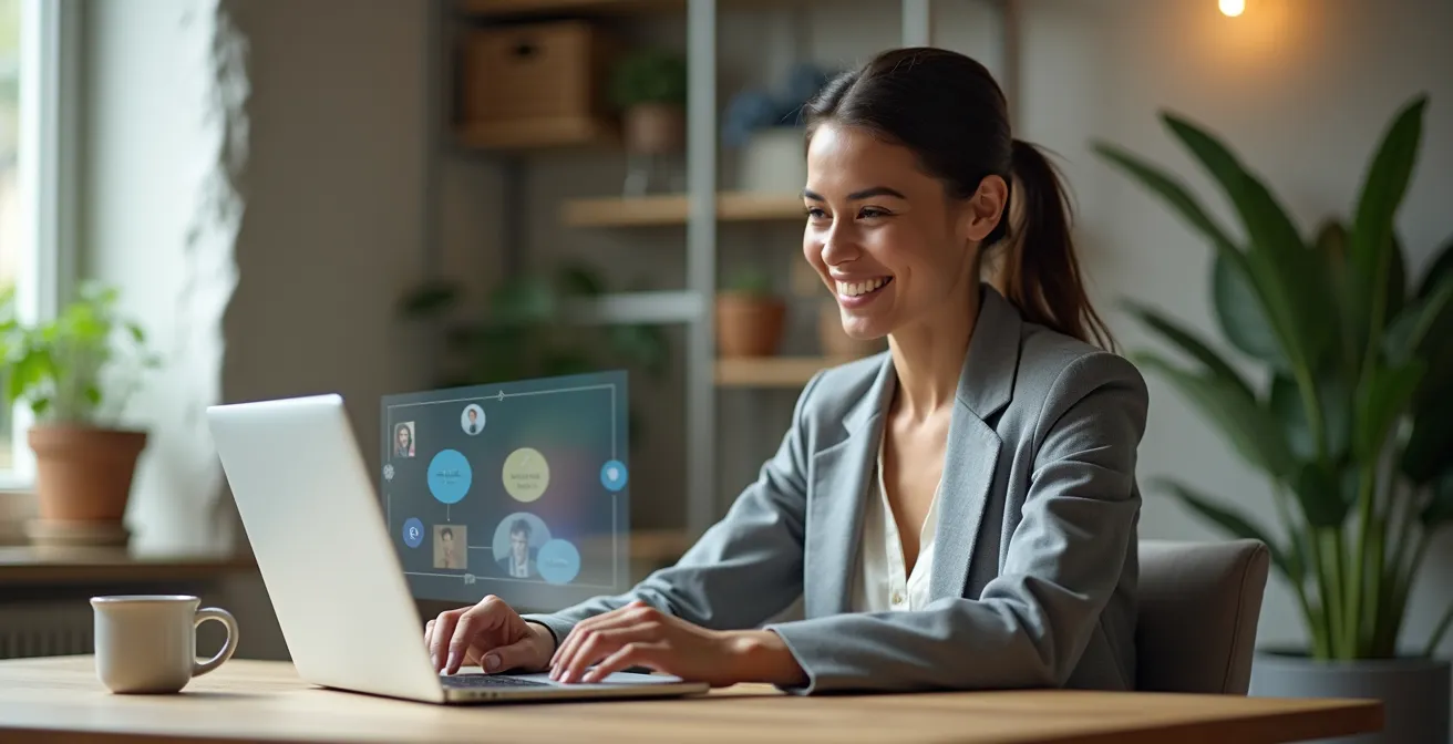 Professional in home office with holographic business attire overlay in video conference setting