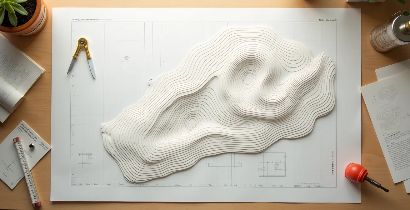 Pattern pieces of a bodice block arranged on a table showing dart placement as contour lines mapping the body.