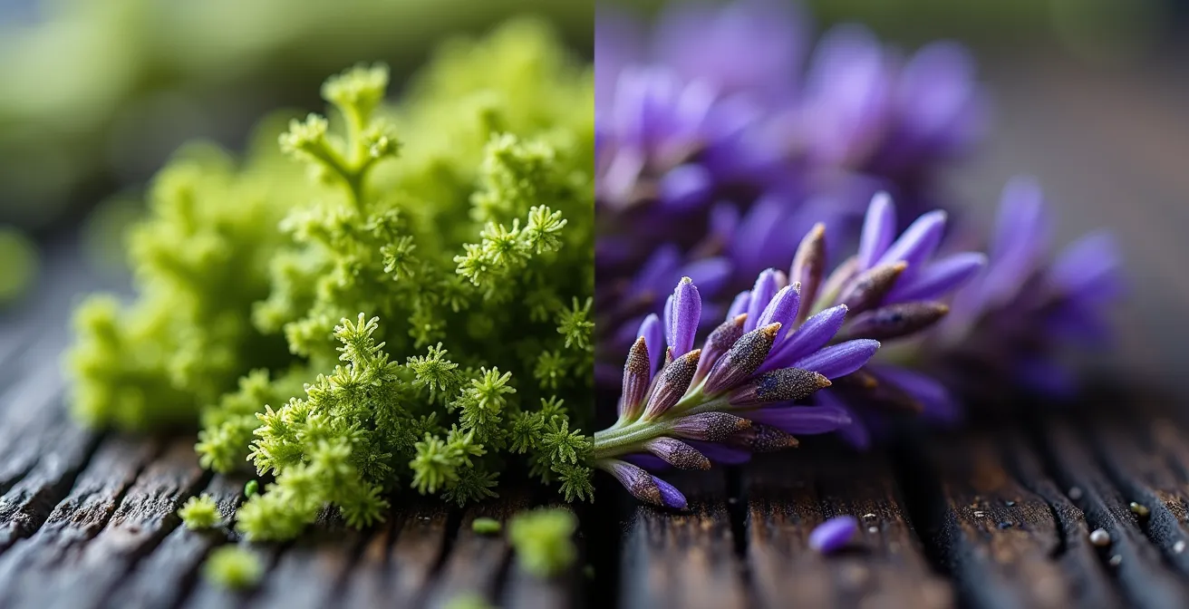 Macro shot of oakmoss and lavender natural perfume ingredients