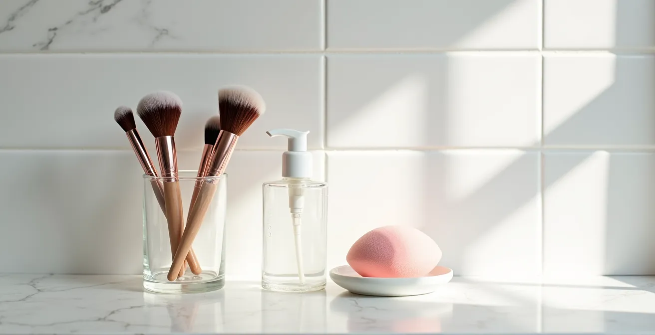 Minimalist makeup station with clean beauty tools and sanitizing products