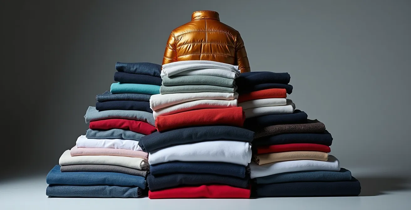 Visual representation of fashion collection pyramid with layers of clothing types from basics to statement pieces