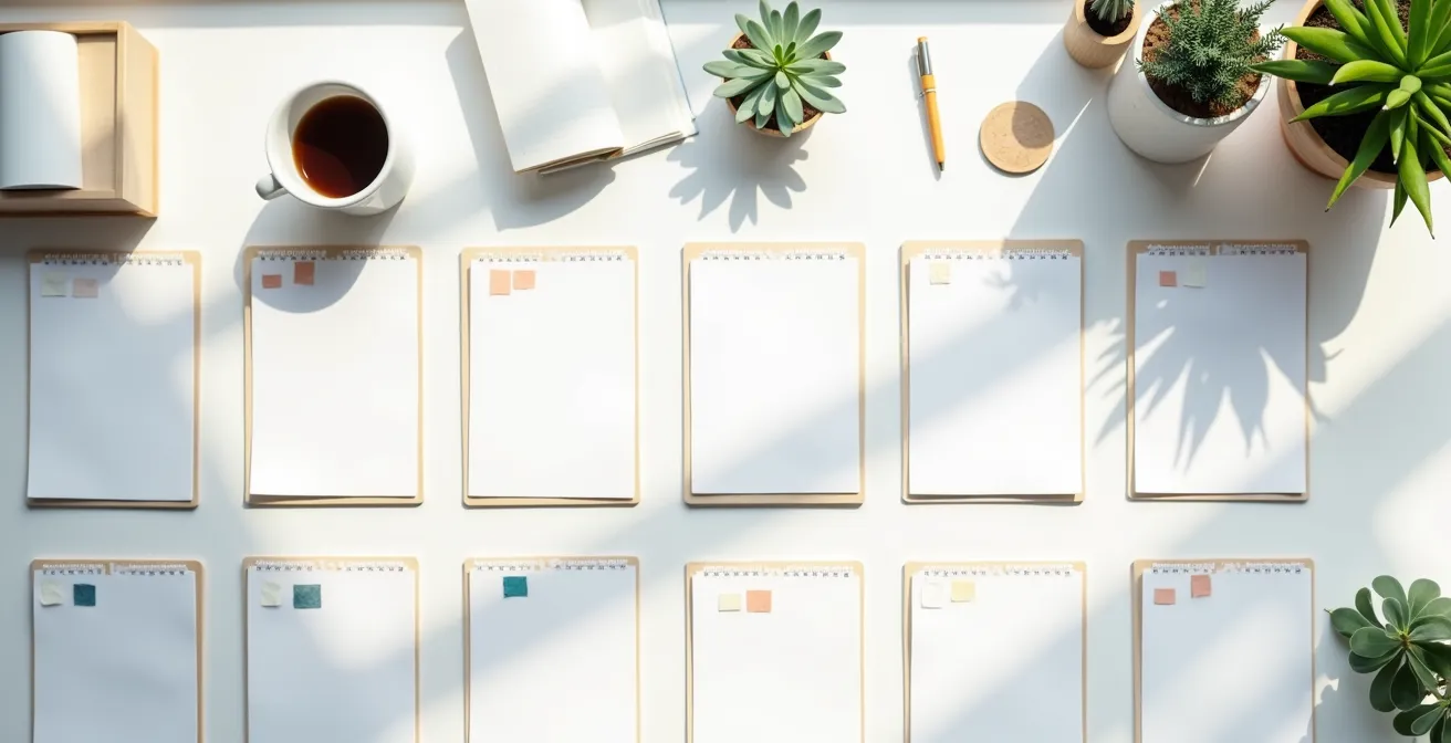Wide aerial view of a content planning workspace showing calendar grids with flexible spaces