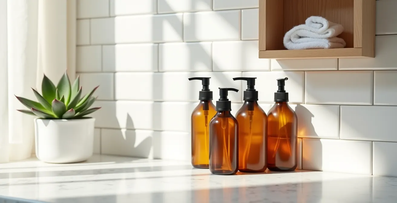 Serene bathroom counter with essential barrier repair products in soft morning light