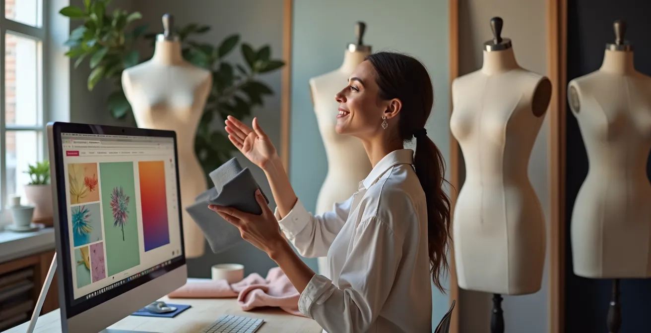 Fashion designer analyzing trend patterns with emotional engagement visible through gesture and expression