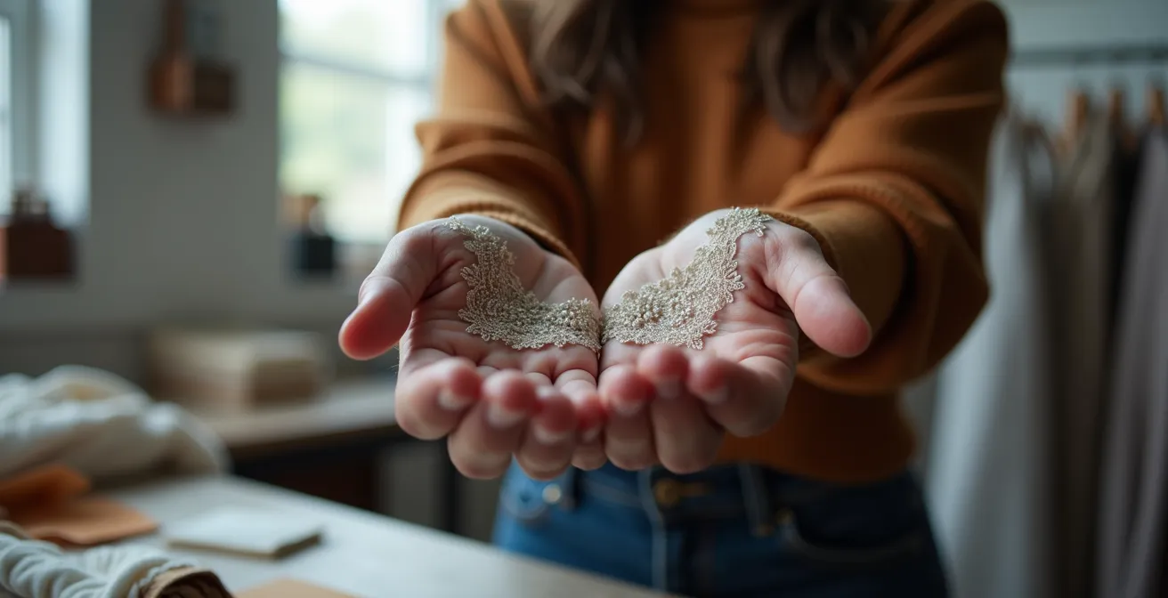 A designer's hands hold two versions of the same garment, one a complex couture version and the other a simplified ready-to-wear version, showing the transition.