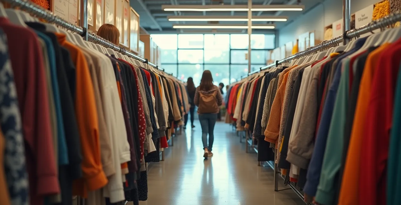 Wide shot of diverse shoppers browsing in a well-organized community thrift store
