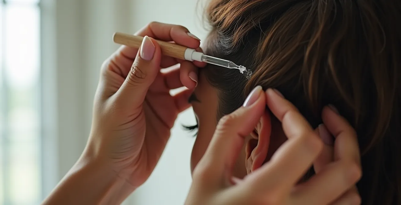 Hands sectioning dry hair to apply scalp treatment with precision applicator