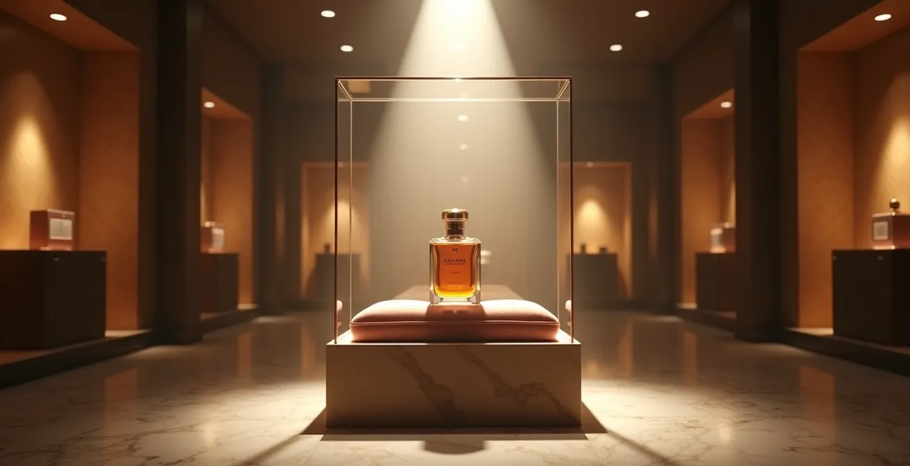 Minimalist luxury perfume boutique with curated display