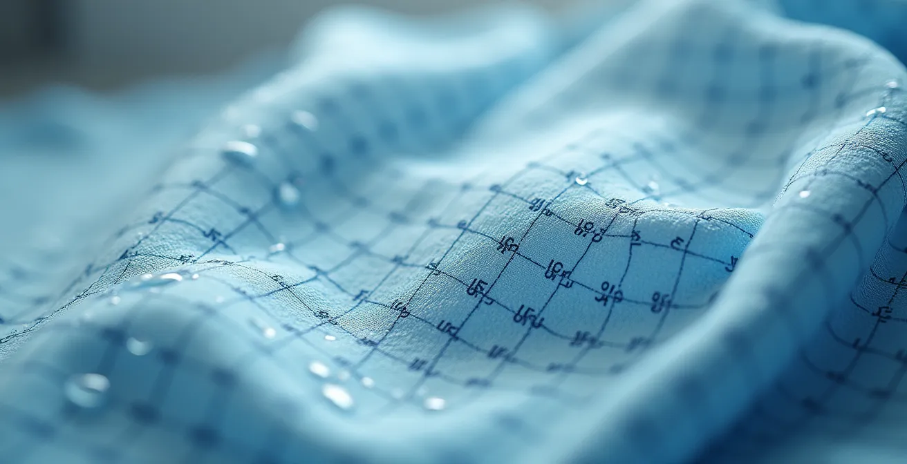 Close-up of fabric shrinkage testing with measurement grid