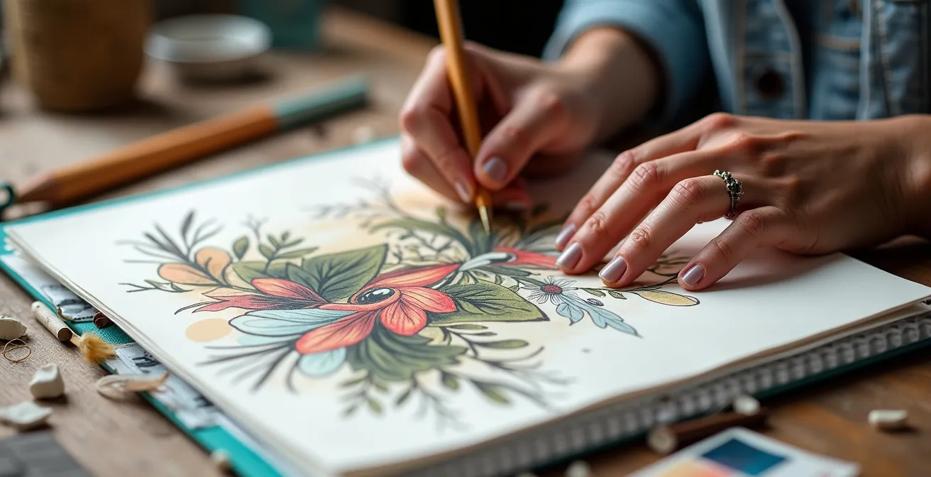 Fashion illustrator's hands creating detailed sketches with unique artistic fusion elements