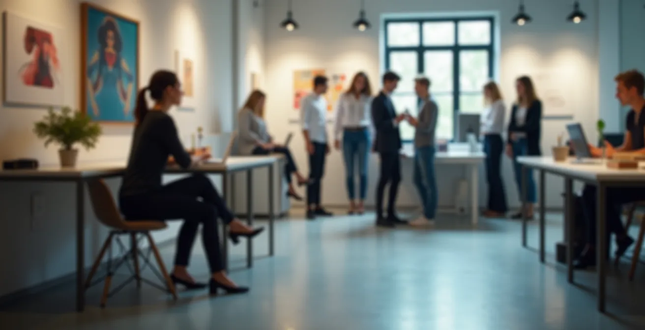 Young intern isolated in corner workspace away from main fashion team activity