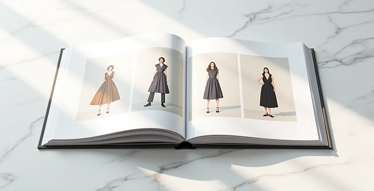 Professional fashion portfolio showcasing mock editorial spreads with diverse illustration styles