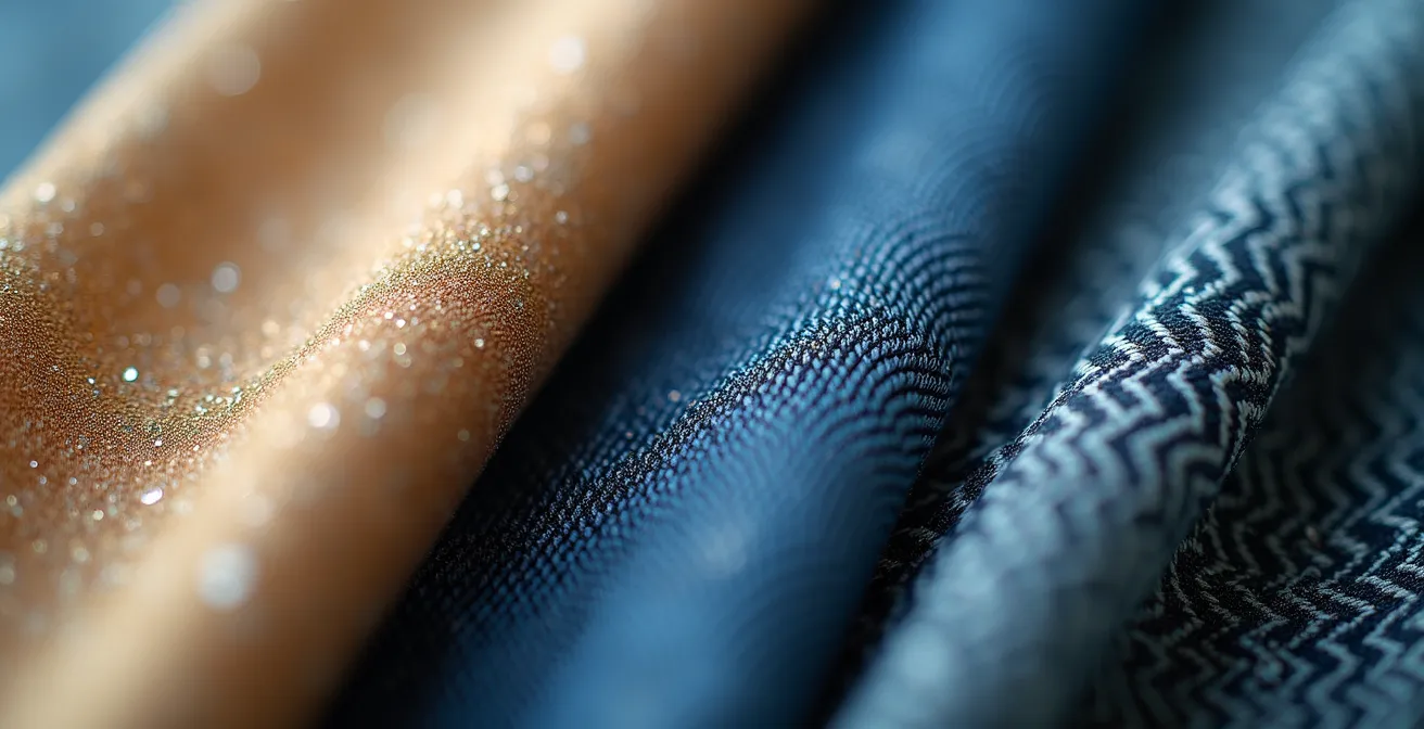 Extreme close-up of contrasting fabric textures representing fad trend and classic fashion evolution