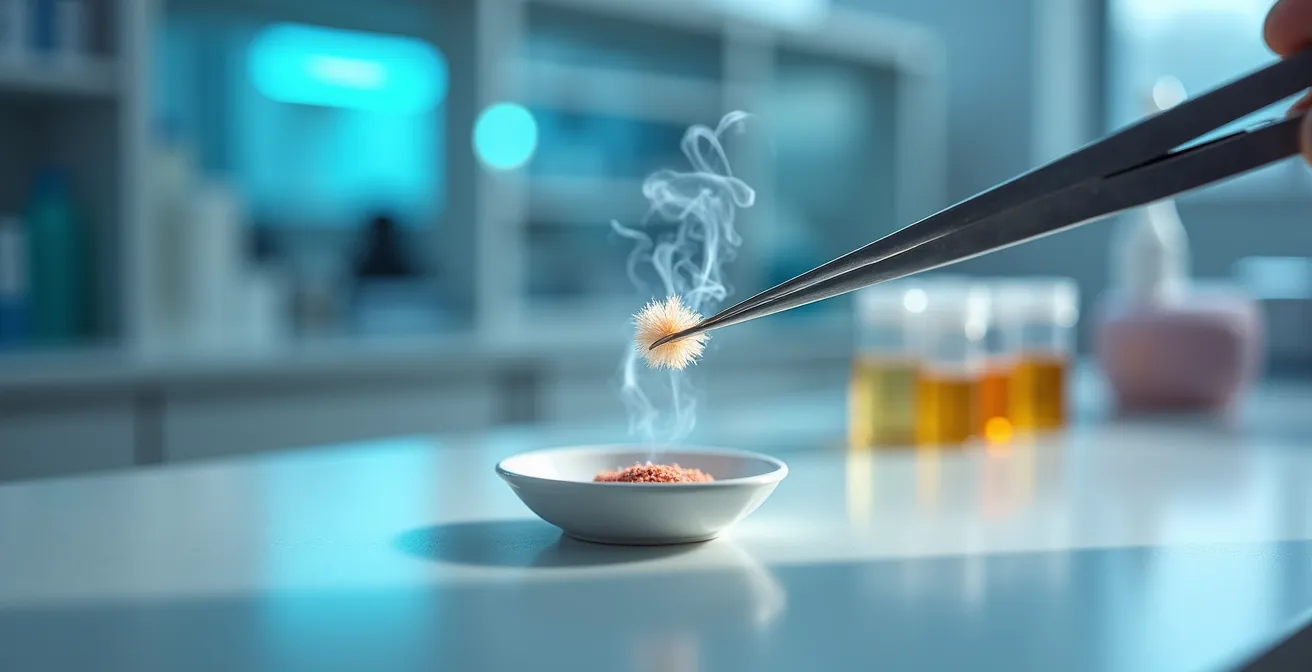 Scientific laboratory setup showing fiber samples and testing equipment for burn test analysis