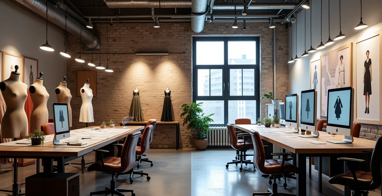 Split composition showing vintage atelier tools alongside modern design technology