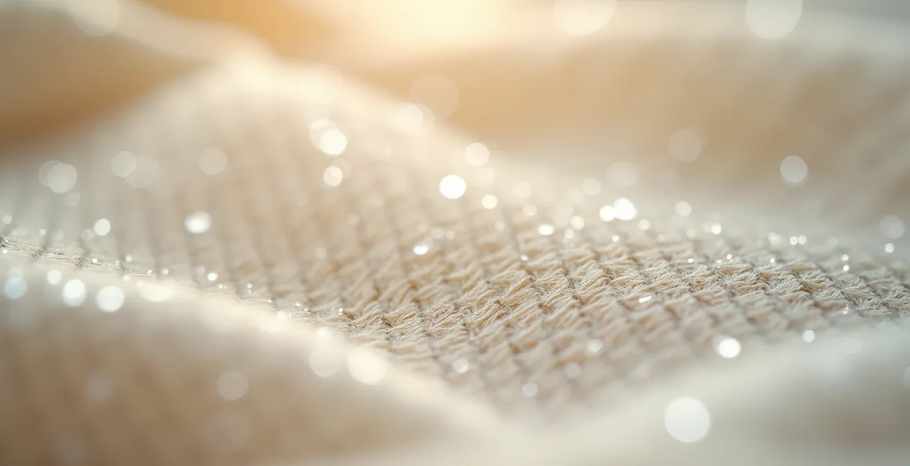 Close-up macro shot of certified organic cotton fabric texture with certification stamps