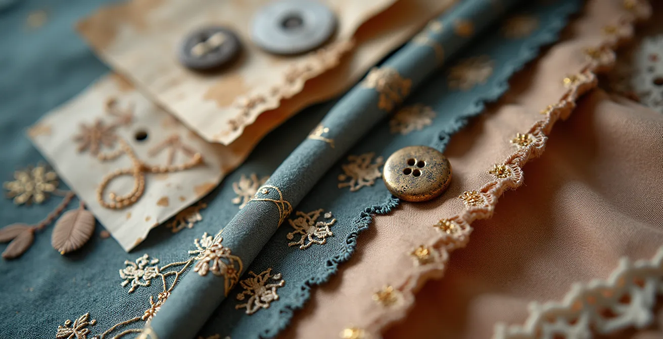 Vintage fashion archives alongside contemporary design materials in luxury atelier