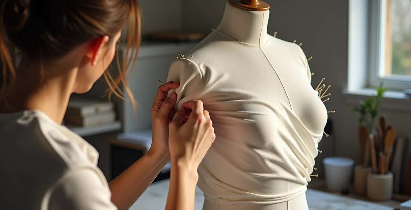 Haute couture atelier with artisan draping white toile on mannequin, emphasizing sculptural negative space