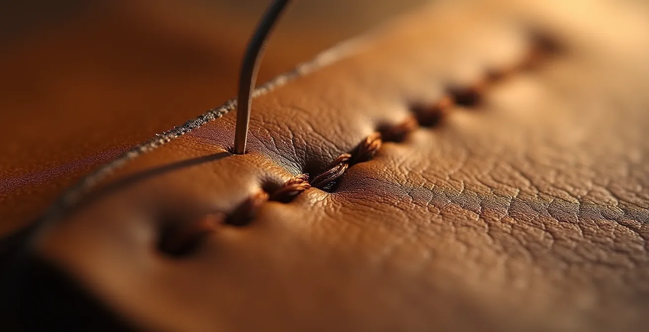 Extreme close-up of hand-stitched leather showing intricate texture and craftsmanship