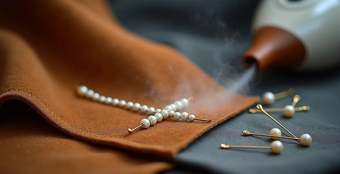 Close-up of professional garment restoration tools and luxury fabric care items