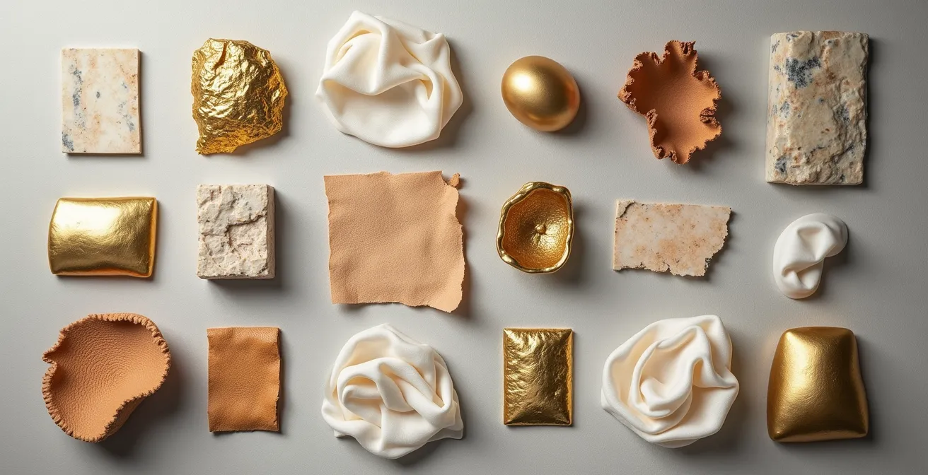 Curated arrangement of luxury materials and textures forming a cohesive design narrative