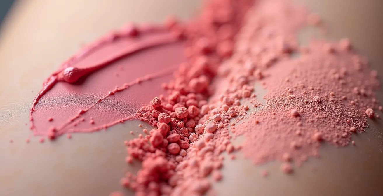 Extreme close-up comparison of cream and powder blush textures on skin