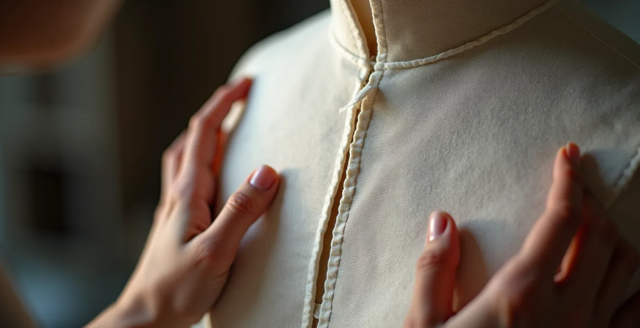 Extreme close-up of fabric showing grain line distortion with visible tension patterns