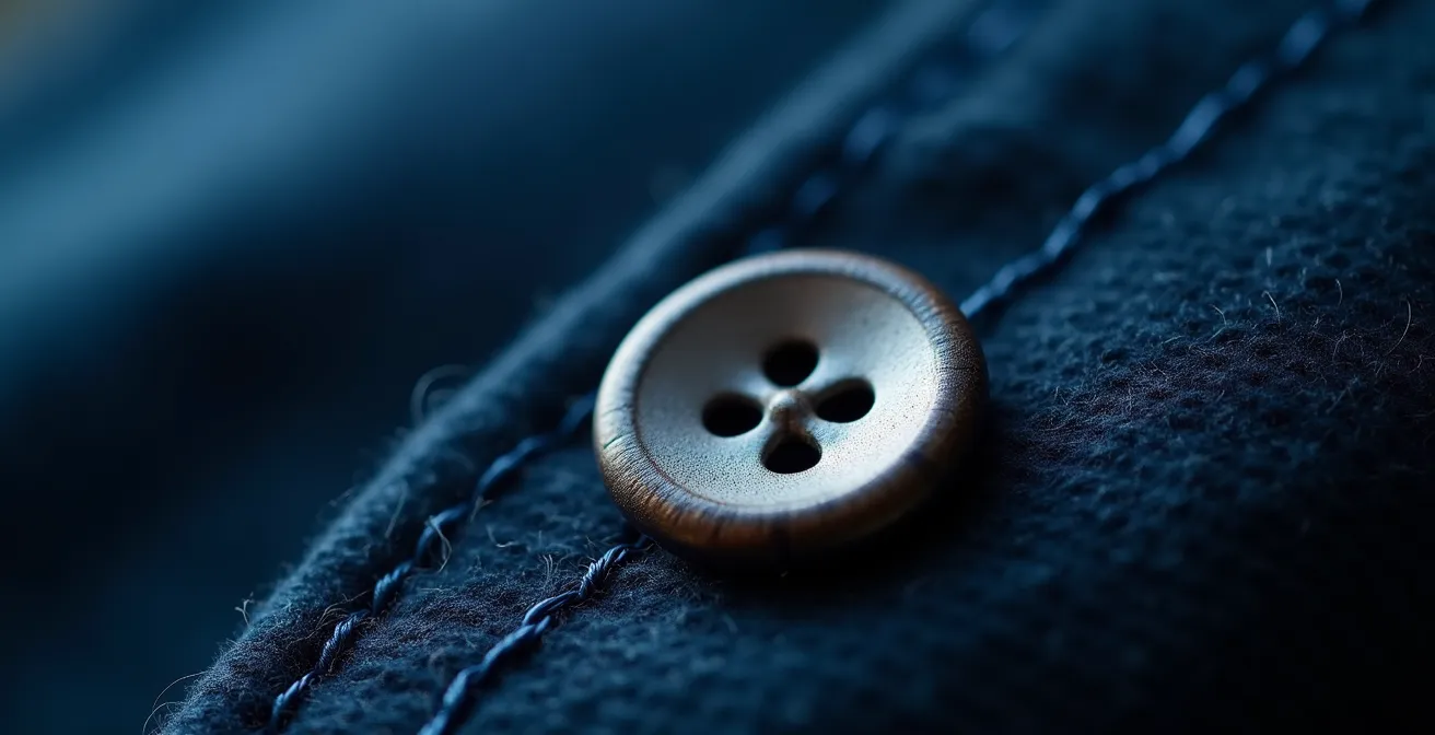 Extreme close-up of a hand-stitched buttonhole showing silk gimp core and three-dimensional texture