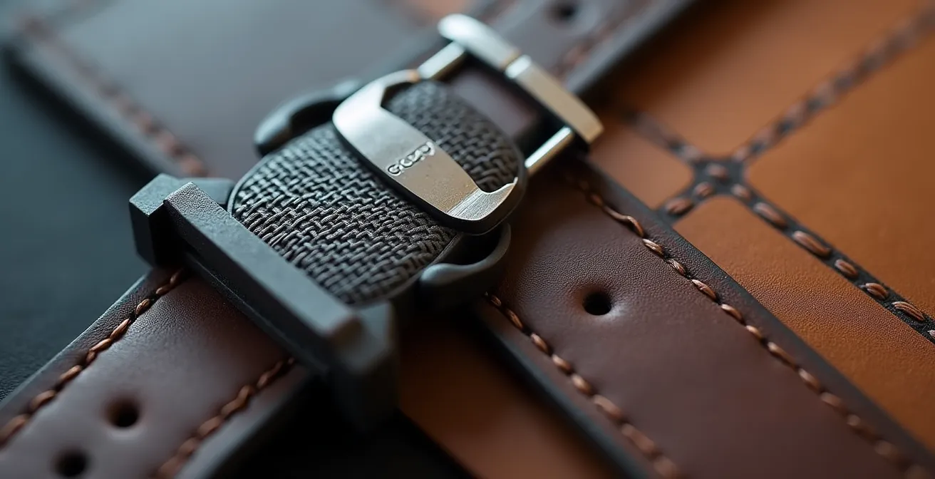 Extreme close-up showing contrasting textures of 3D printed material and hand-sewn leather