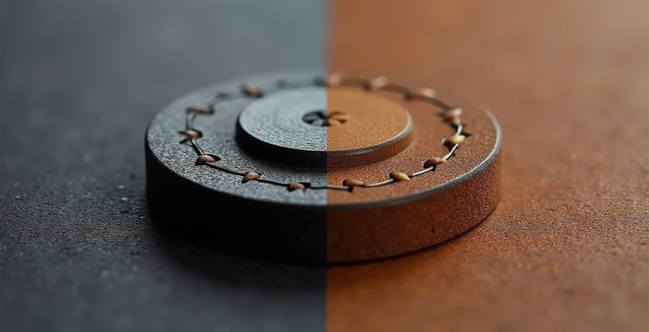 Extreme macro comparison of 3D printed accessory surface versus hand-stitched leather texture