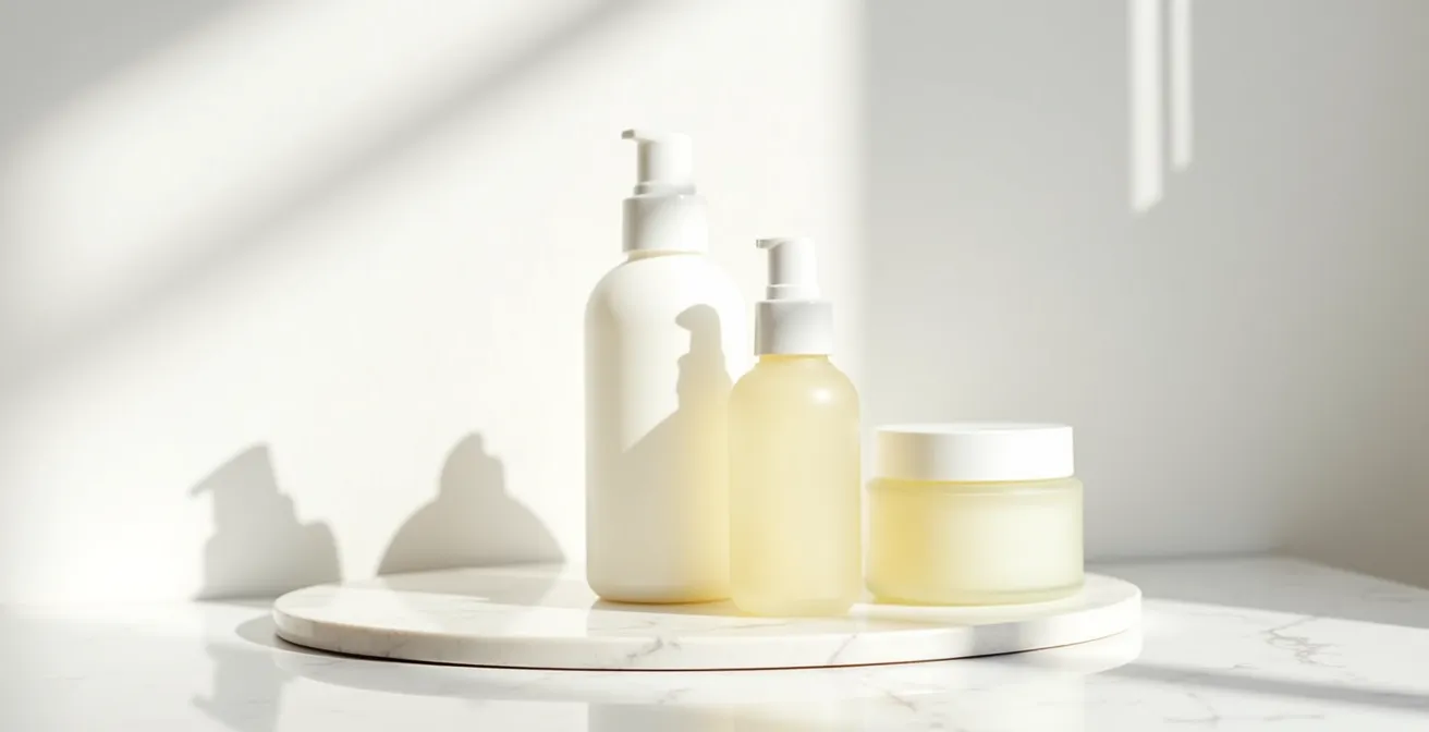 Clean arrangement of basic skincare products in minimalist setting