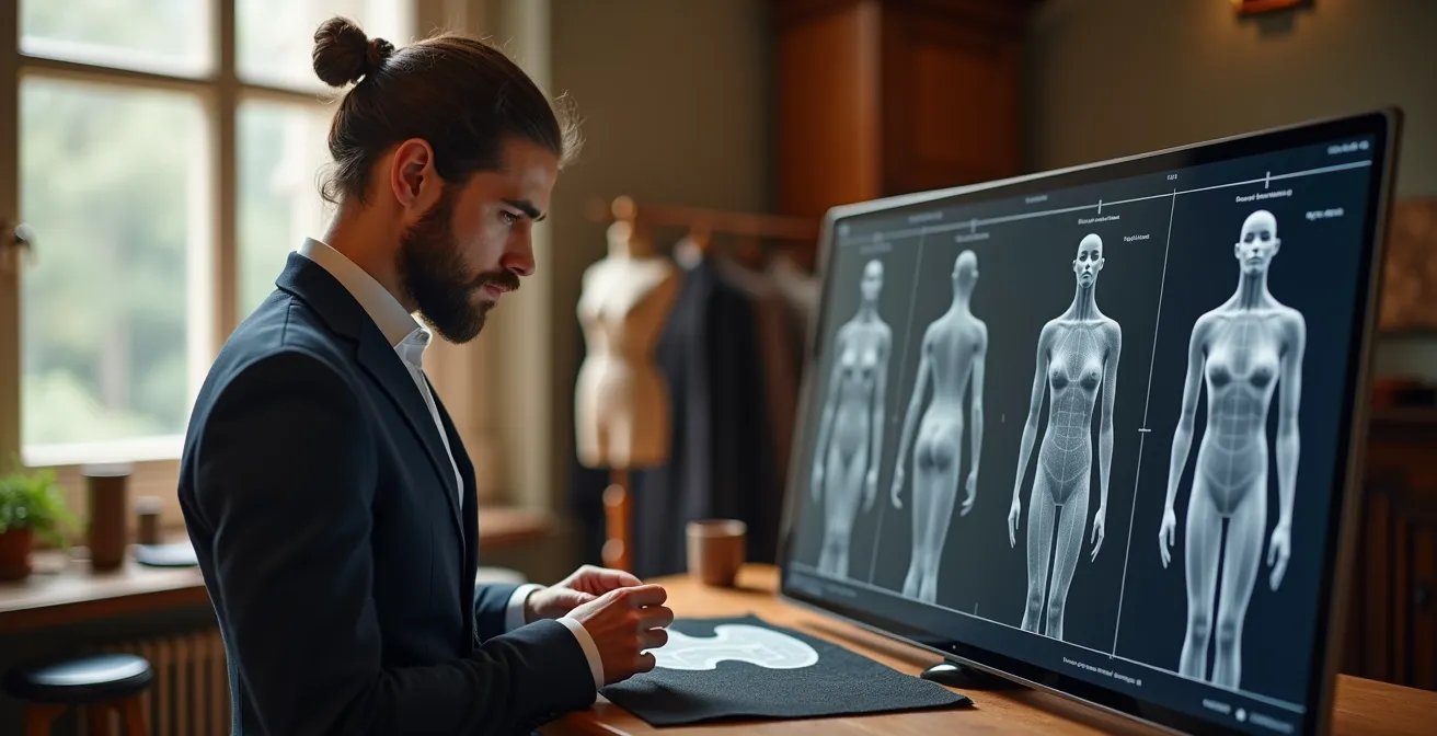 Contemporary tailoring workshop blending traditional craftsmanship with digital measurement tools