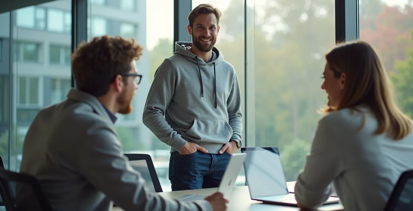 Contemporary office space with professionals wearing luxury streetwear hoodies