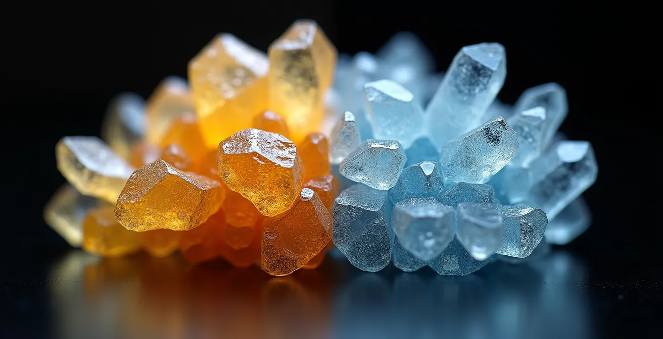 Macro photograph comparing natural plant extract complexity versus synthetic molecule purity