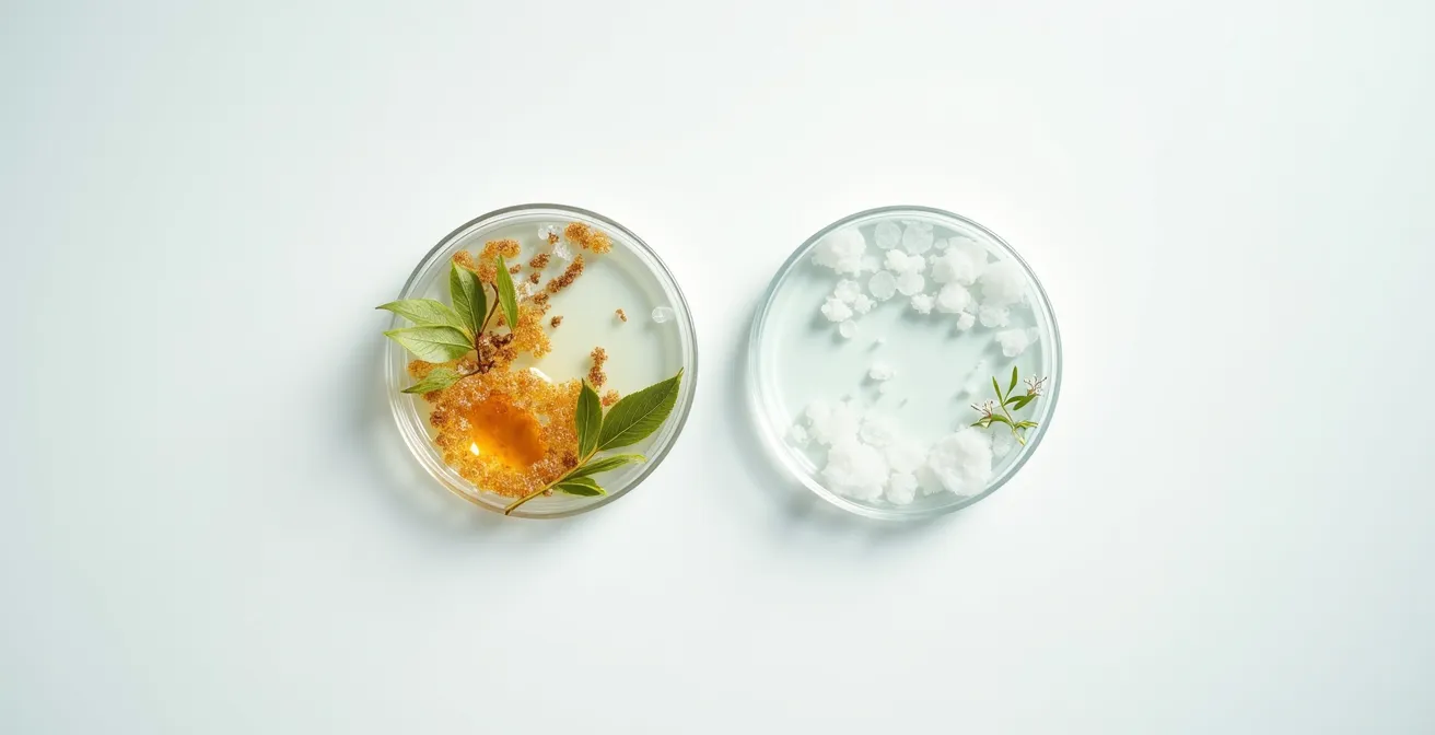 Scientific visualization comparing natural and synthetic skincare ingredients