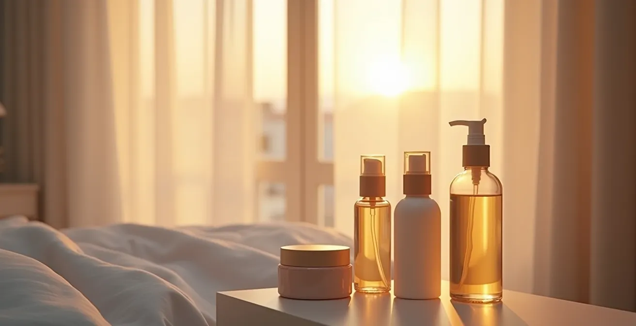 Elegant arrangement of night skincare products on bedside table