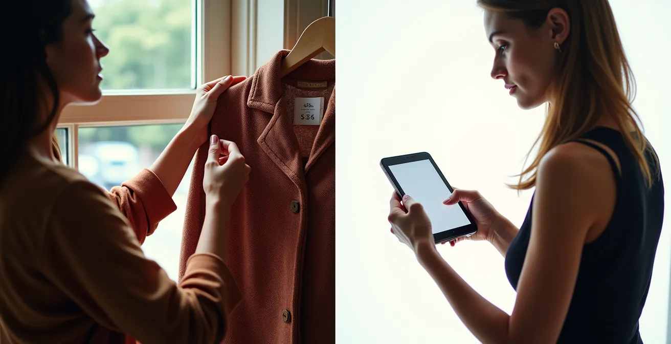 Split-screen showing a buyer assessing fabric by touch in a store versus another buyer viewing a garment's bold pattern for an online store.