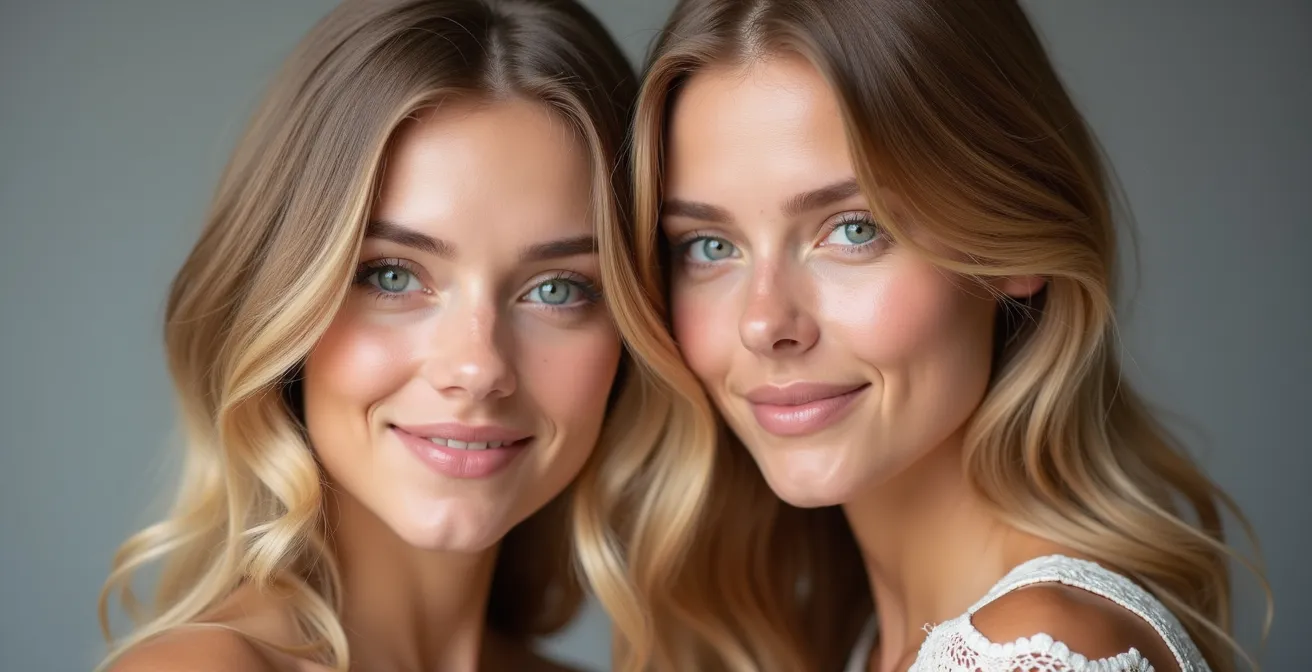 Side-by-side portraits showing ashy blonde versus golden blonde on pale skin tones