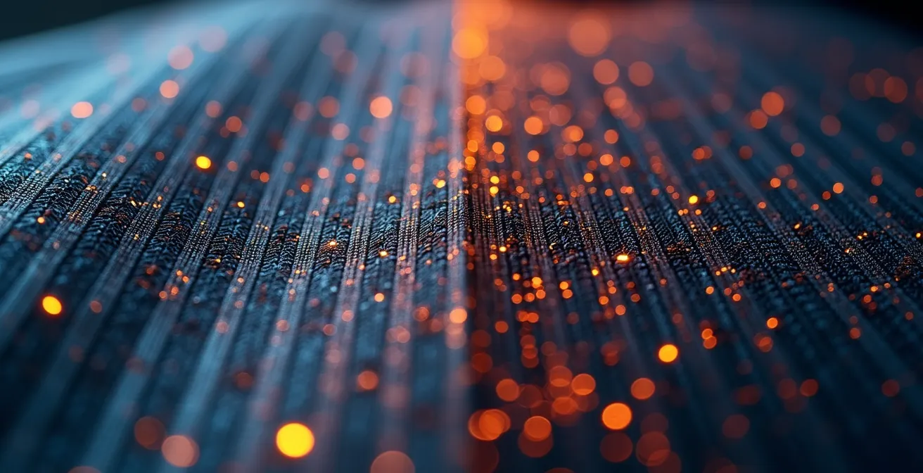 Extreme close-up of textile fibers showing embedded conductive threads and sensors