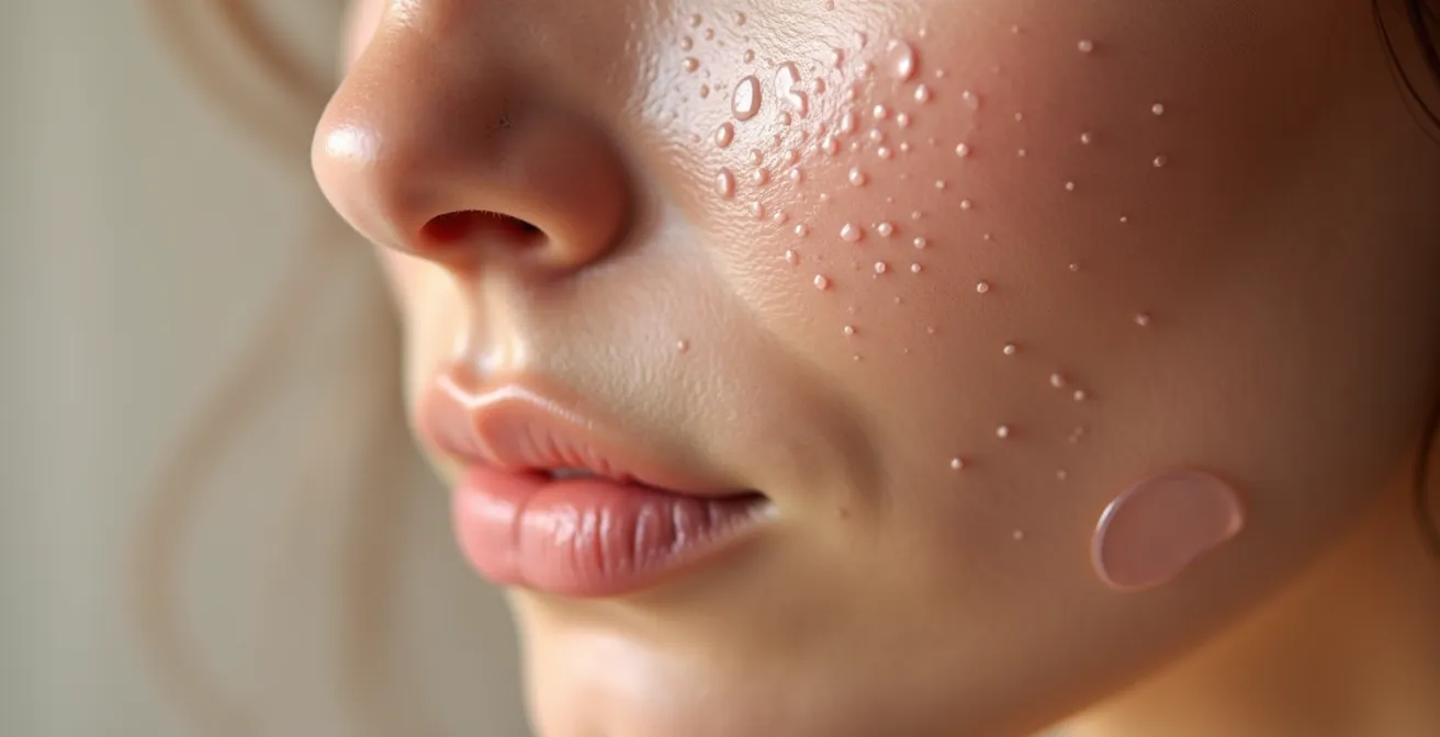 Close-up of facial skin showing different testing zones for various products