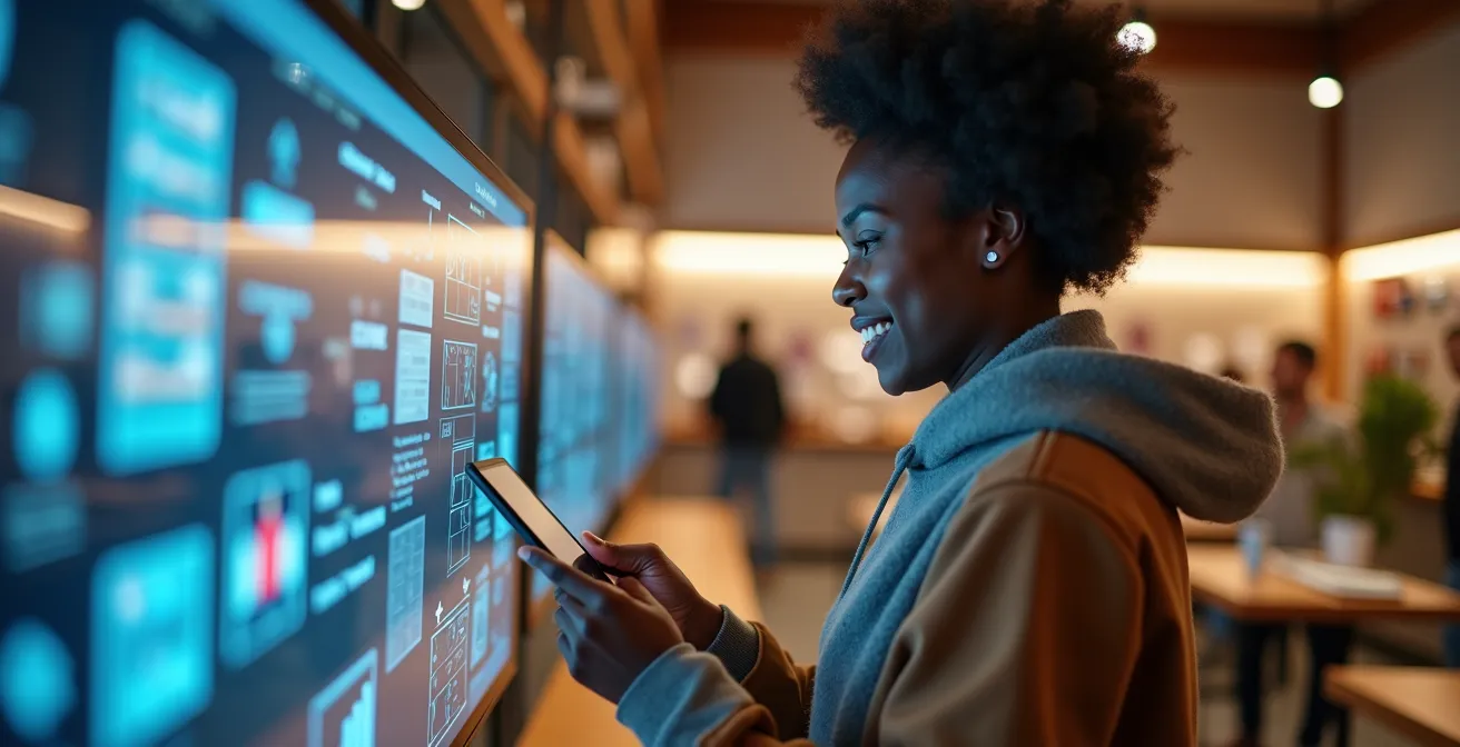 Modern retail space showcasing digital and physical integration with QR codes and interactive displays