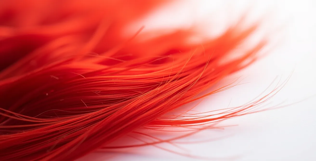 Extreme close-up of red hair strands showing the large color molecules that contribute to fading.