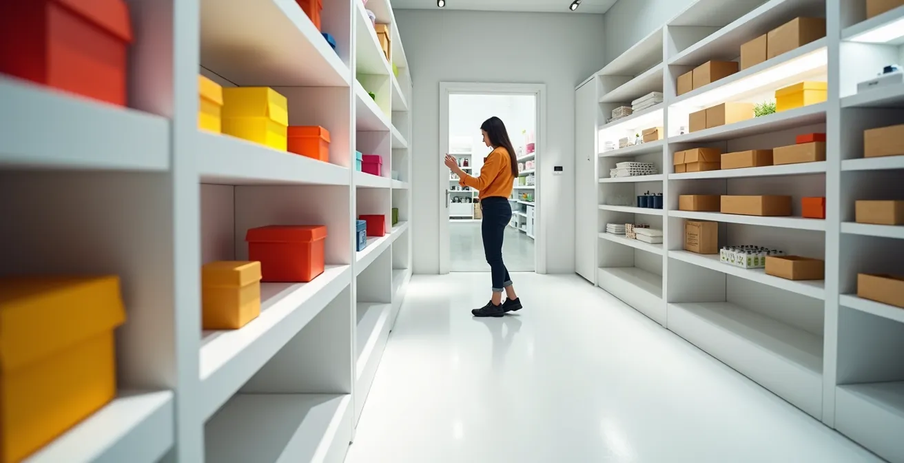 Retail associate arranging products with an organized stockroom visible in the background, showing the link between front and back of house.