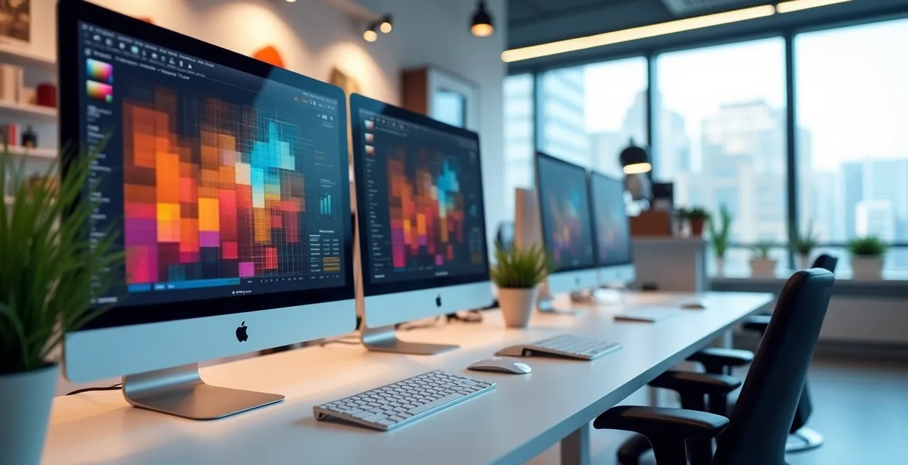 Modern retail analytics workspace showing performance metrics on multiple screens