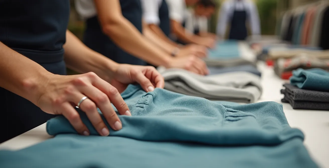 Close-up of a retail manager's hands folding clothes alongside team members, symbolizing collaborative leadership.