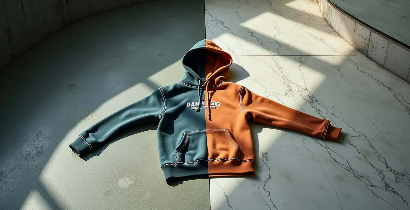 Split composition showing raw skate park aesthetic transitioning to luxury boutique environment