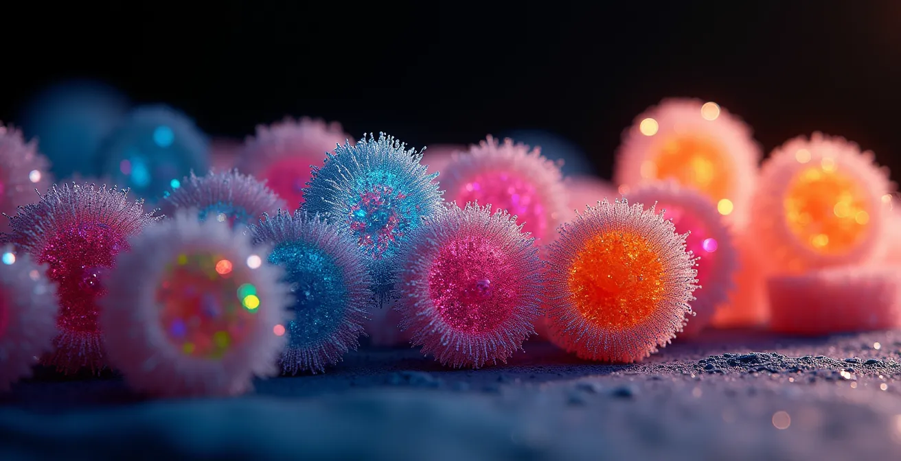 Microscopic cross-section view of solution-dyed fibers showing pigment distribution within polymer matrix