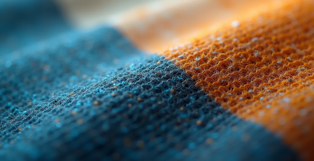 Macro shot of digital fabric texture transitioning to pixelated sustainable code pattern