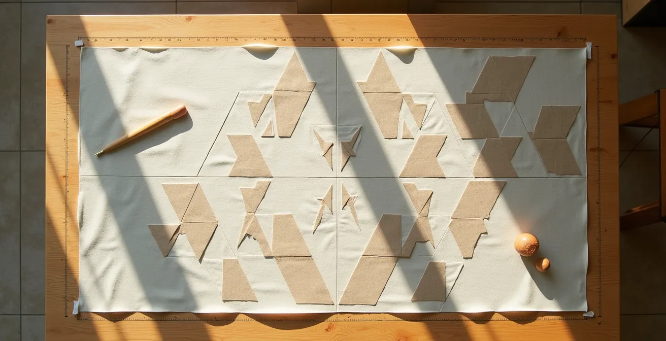 Overhead view of zero-waste pattern pieces arranged on sustainable fabric during prototyping stage