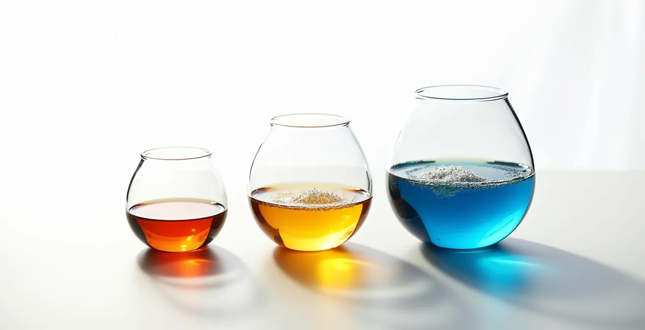 Abstract visualization of a tiered budget allocation system for fashion buying decisions, showing three vessels with different liquids representing budget tiers.